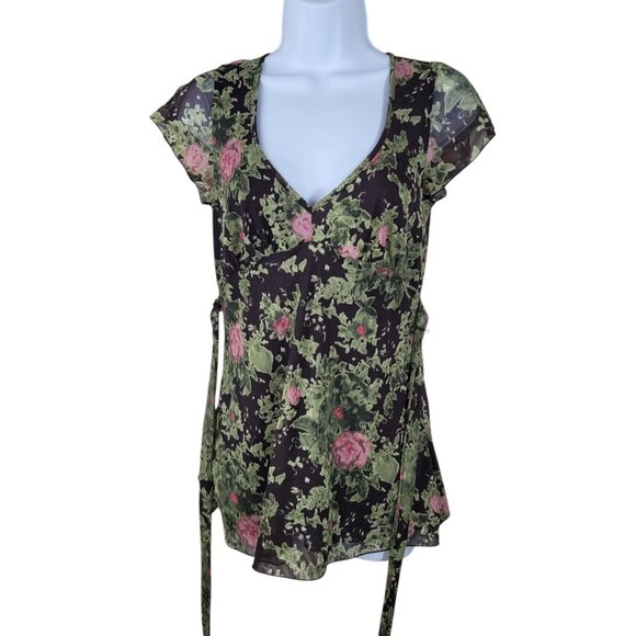 Vintage DKNY Top Blouse Floral Mesh Size XS Chiffon semi sheer alt Tie Waist - Picture 3 of 8